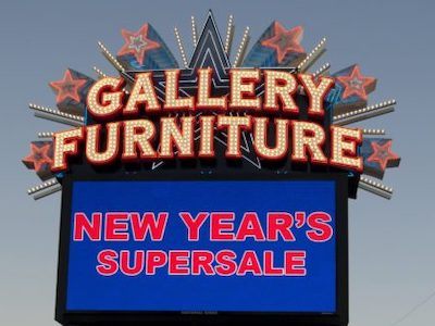 Gallery Furniture outdoor LED pylon sign designed, built, and installed by National Signs in Houston, TX