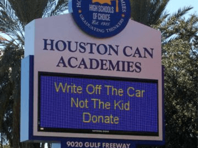 A digital sign for Houston Can Academies designed, fabricated, and installed by National Signs