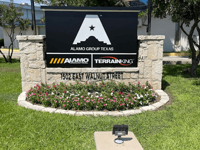 Monument sign for Alamo Group fabricated and installed by National Signs.