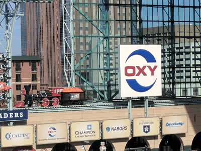 Oxy advertising sign at Minute Maid Park in Houston, Texas