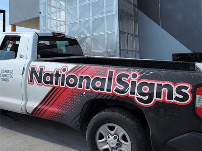 National Signs installation crew truck on site for the X Space installation in Texas.