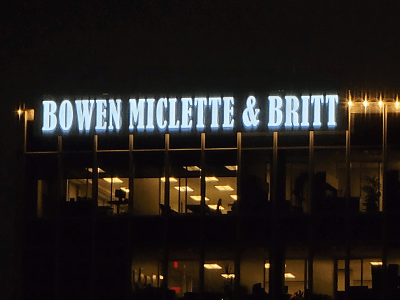 Lit channel letters for Bowen Mitchell and Britt manufactured by National Signs.